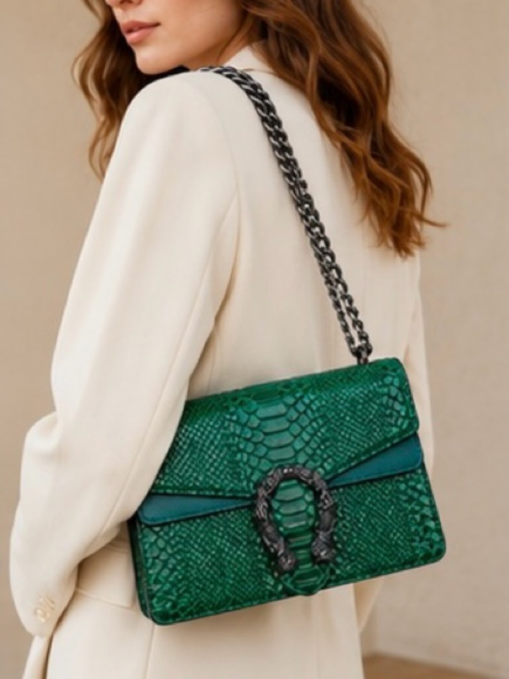 Emerald Green Snake Embossed Shoulder Bag | Chain Strap Designer Inspired Handba